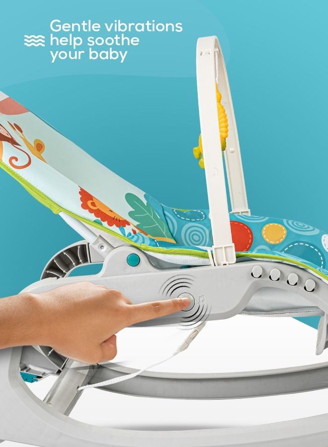 Daisy Baby Bouncer And Rocker Chair With Soothing Vibrations Multi Position Recline 3 Point Safety Belt Removable Toys For 0 To 2 Years Girls Boys Blue