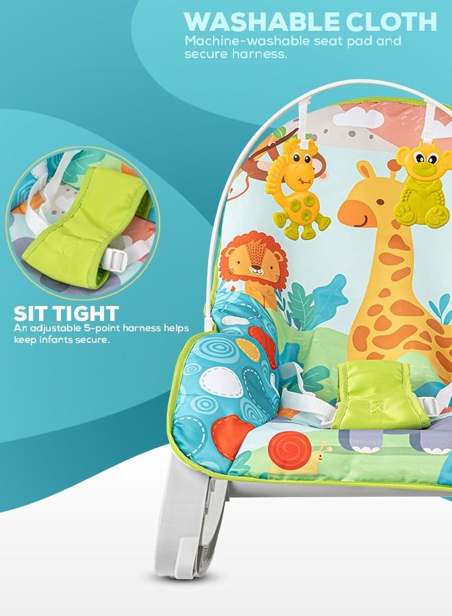 Daisy Baby Bouncer And Rocker Chair With Soothing Vibrations Multi Position Recline 3 Point Safety Belt Removable Toys For 0 To 2 Years Girls Boys Blue