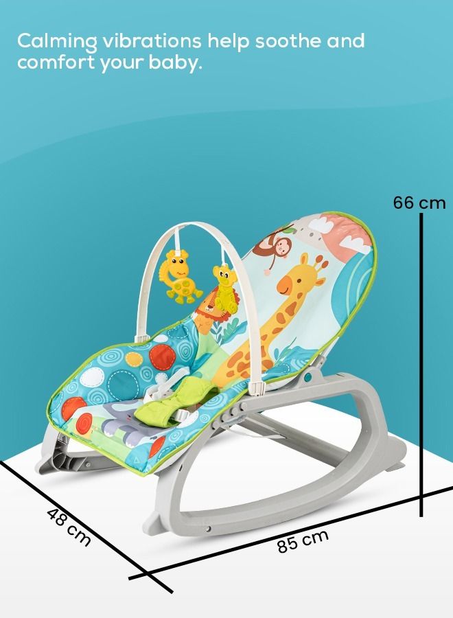 Daisy Baby Bouncer And Rocker Chair With Soothing Vibrations Multi Position Recline 3 Point Safety Belt Removable Toys For 0 To 2 Years Girls Boys Blue