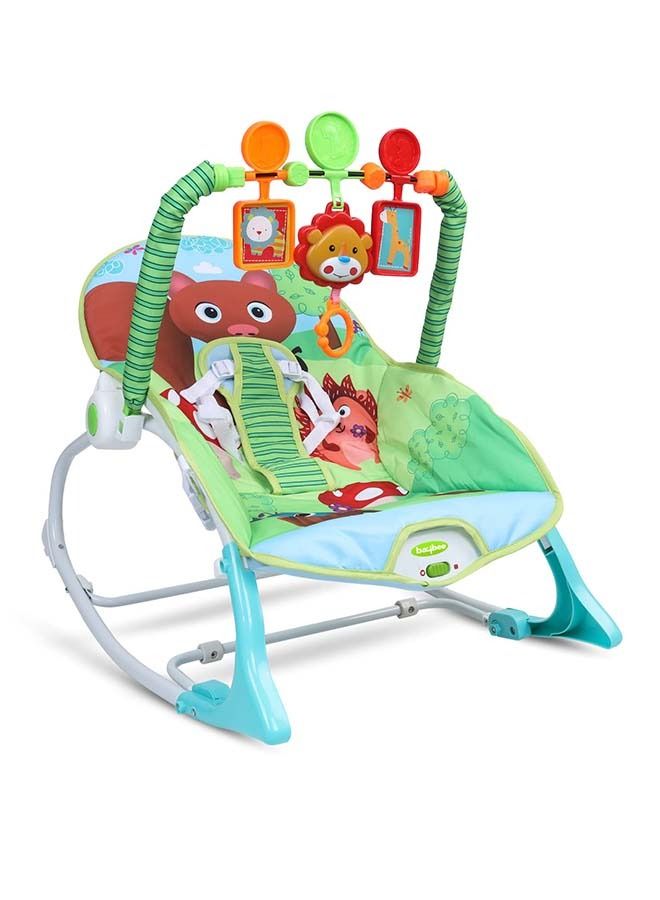 Nora Baby Bouncer And Rocker Chair With Soothing Vibrations Multi Position Recline Baby Rocker with 3 Point Safety Belt Removable Toys Toddler Rocker for Baby kids For 0 To 2 Years Boys Girls Green