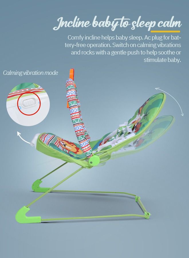 Portable Baby Bouncer Rocker Chair With Soothing Vibrations Music Multiposition Recline 3 Point Safety Belt Removable Baby Toys Baby Rocker Bouncer For 0 To 2 Years Boys Girls Green