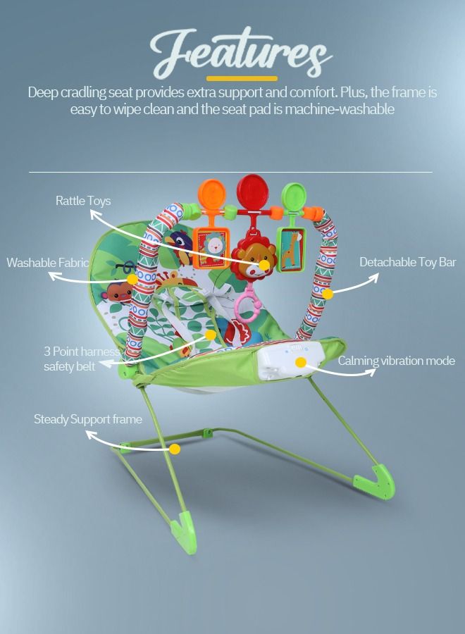 Portable Baby Bouncer Rocker Chair With Soothing Vibrations Music Multiposition Recline 3 Point Safety Belt Removable Baby Toys Baby Rocker Bouncer For 0 To 2 Years Boys Girls Green