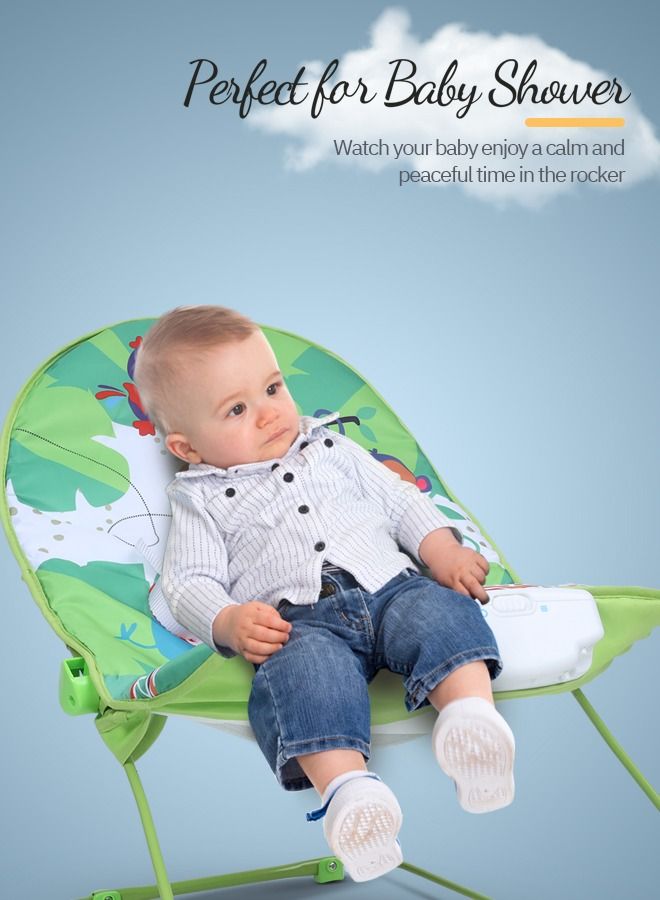 Portable Baby Bouncer Rocker Chair With Soothing Vibrations Music Multiposition Recline 3 Point Safety Belt Removable Baby Toys Baby Rocker Bouncer For 0 To 2 Years Boys Girls Green