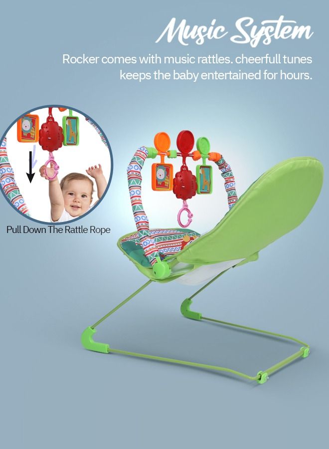 Portable Baby Bouncer Rocker Chair With Soothing Vibrations Music Multiposition Recline 3 Point Safety Belt Removable Baby Toys Baby Rocker Bouncer For 0 To 2 Years Boys Girls Green
