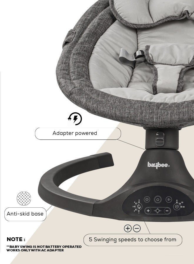 Premium Remote Automatic Electric Baby Swing Chair Cradle  With 5 Adjustable Swing Speed, Soothing Vibrations, Music, Mosquito Net, Safety Belt And Toys, Dark Grey