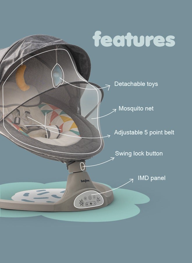 Premium Automatic Electric Baby Swing Chair Cradle for baby With 5 Adjustable Swing Speed Remote Electric Swing with Soothing Vibrations Music Mosquito Net Safety Belt Kids Toys Swing for Babys Grey