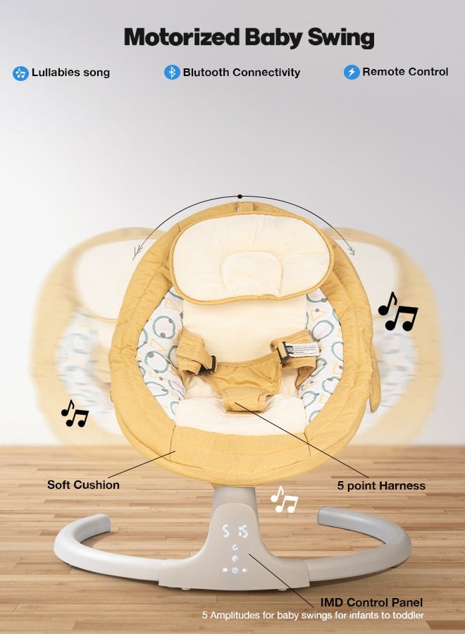 Baybee Lullabies Automatic Electric Baby Swing Cradle for Baby with Adjustable Swing Speed, Recline, Bluetooth & Music | Baby Rocker with Mosquito Net, Safety Belt & Toys | Swing for Baby (Yellow)