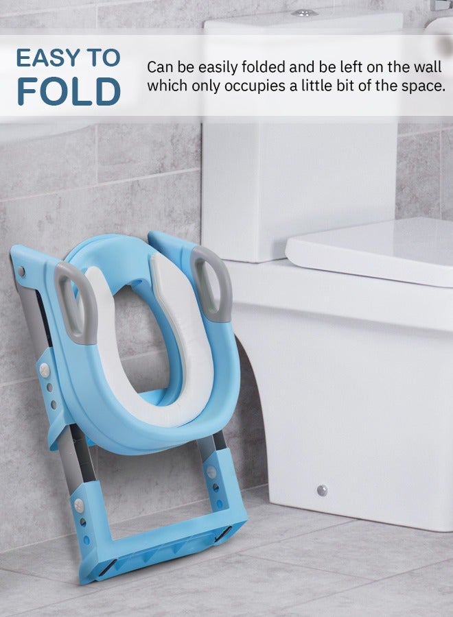 Aura Baby Potty Seat with Ladder for Western Toilets Kids Toilet Potty Training Seat for baby with Handle Cushion Kids Potty Chair Kids Potty Seat for Baby Kids 2 to 5 Years Boys Girls Blue