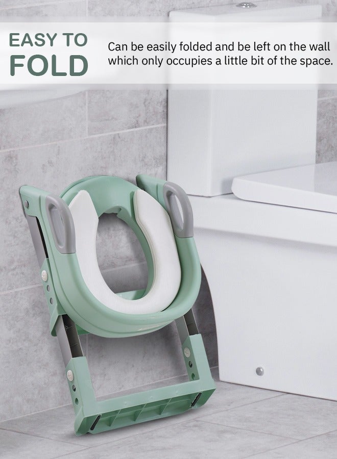 Aura Baby Potty Seat With Ladder For Western Toilets Kids Toilet Potty Training Seat For Baby With Handle Cushion Kids Potty Chair Kids Potty Seat For Baby Kids 2 To 5 Years Boys Girls Green