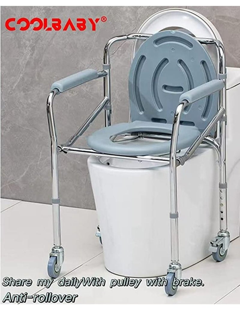 COOLBABY aluminum alloy toilet chair with pulley, multi-purpose toilet seat for the elderly, easy-to-remove mobile bath chair, 5-speed height adjustment
