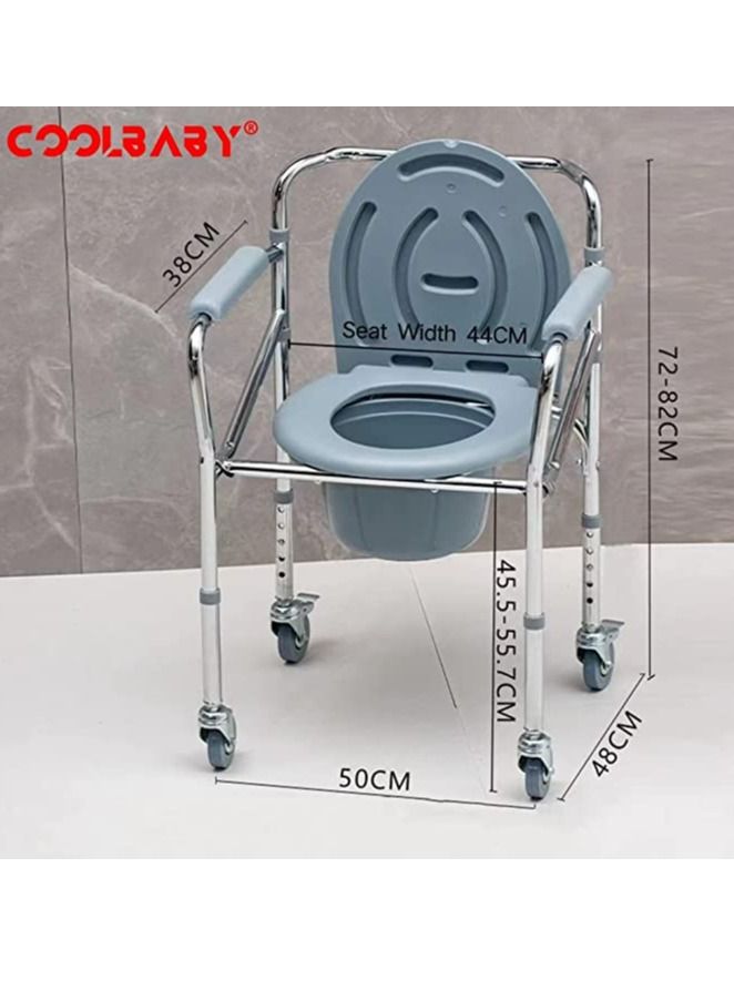 COOLBABY aluminum alloy toilet chair with pulley, multi-purpose toilet seat for the elderly, easy-to-remove mobile bath chair, 5-speed height adjustment
