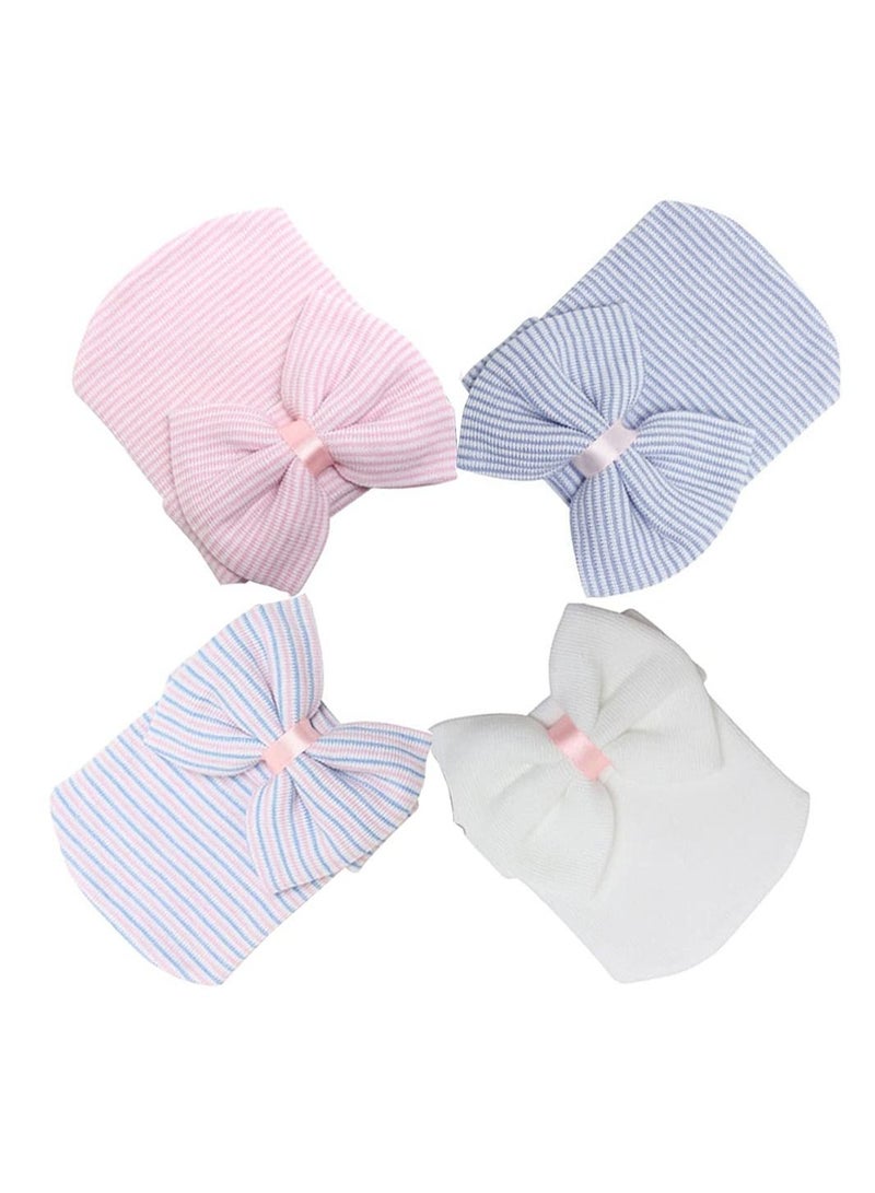 Newborn Infant Baby Hospital Hat Cap with Bow Knot Nursery Beanie Soft Cute, Blue, White, Pink 4 Pack, First Knit Caps for Girls Boys