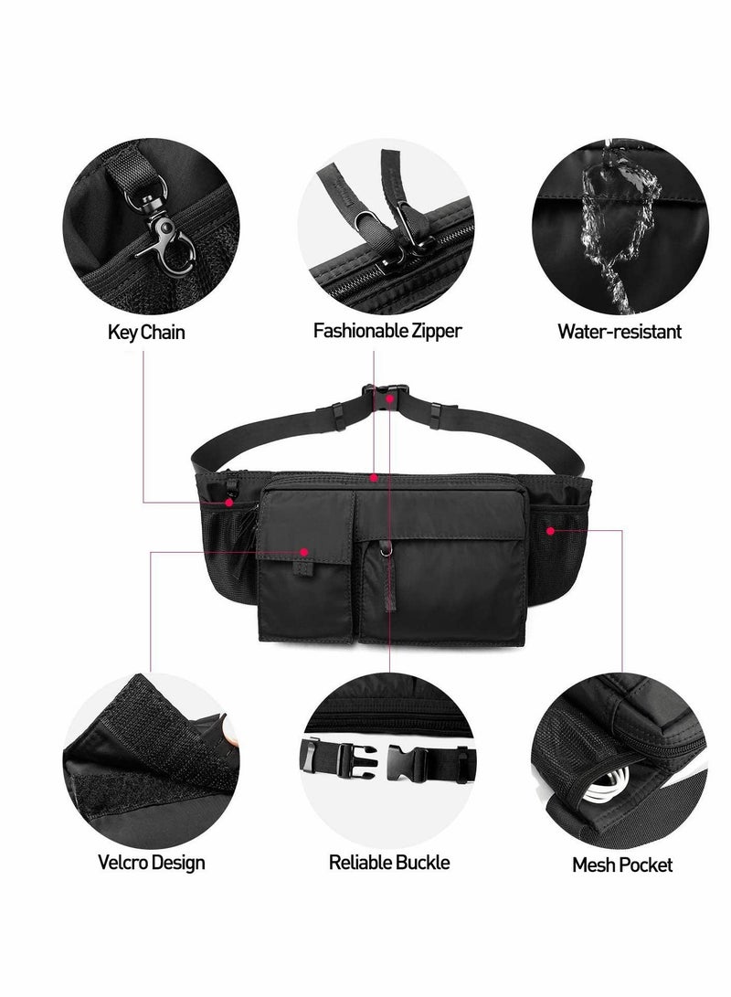 Waist Bag, Large Waterproof Black Men's Women's Adjustable Straps Premium Lightweight Waist Bag for Gym Fitness Workout Travel Work Commute