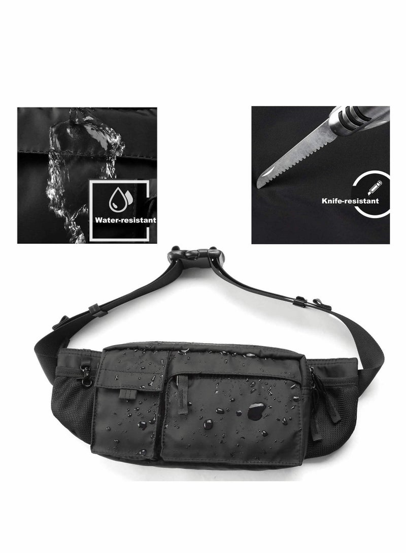 Waist Bag, Large Waterproof Black Men's Women's Adjustable Straps Premium Lightweight Waist Bag for Gym Fitness Workout Travel Work Commute