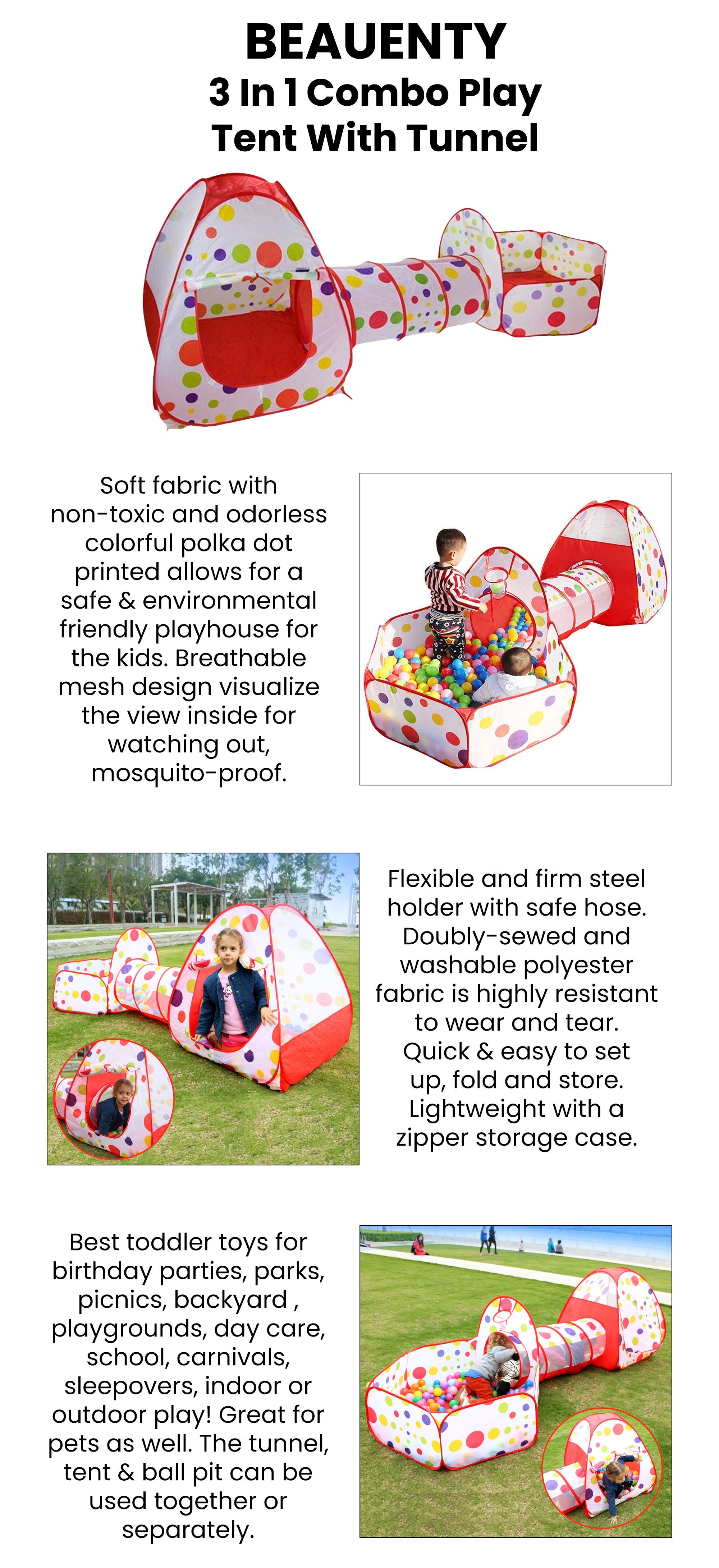 3-In-1 Pop Up Foldable Portable Indoor Outdoor Play Tent House With Tunnel And Ball Pool For Children 300x120x95cm