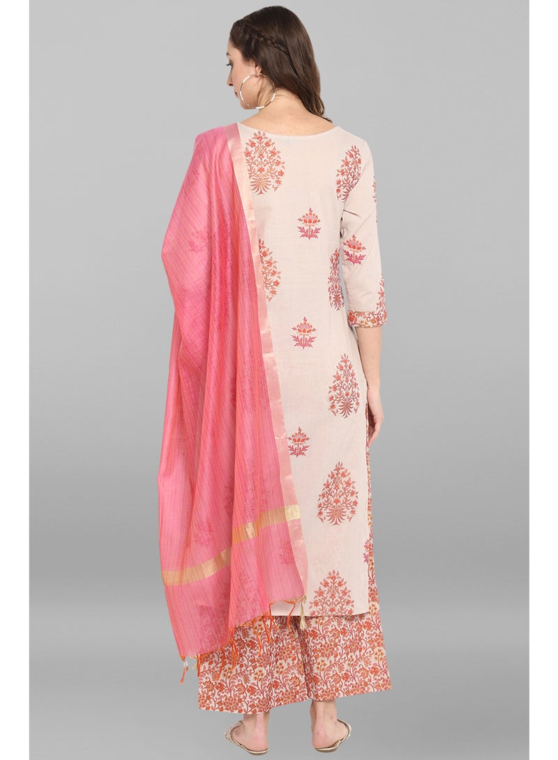 IndHeritage - Premium cotton 3pc kurti set - Light pink colour women's 3pc salwar set / kurti set - Silk dupatta & pants - Indian Kurti Set IDH00043