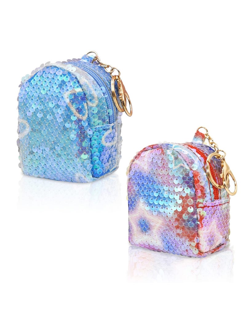 Sequins Coin Purse 2Pcs Stylish and Portable Key Wallet for Women and Girls Purses Keychain Cute Change Bagswith Keyring and Zipper for Working Travelling Shopping Party Blue Red