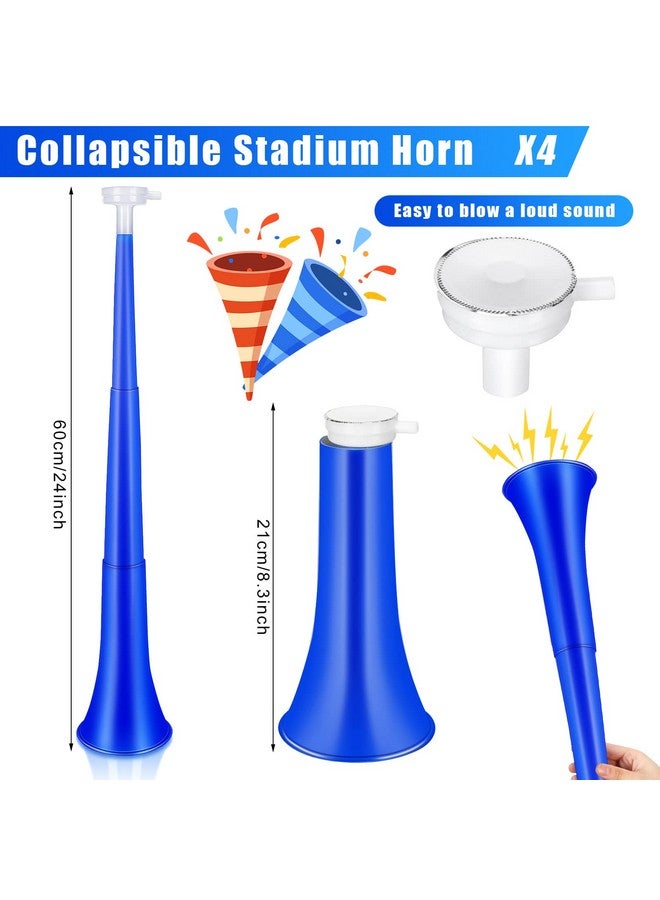 4 Pieces Collapsible Stadium Horn 24 Inch Vuvuzela Plastic Trumpet Horn Blow Horn Noisemakers For Sporting Events Graduation Games School Sports Party Supplies Favors Accessories (Blue)