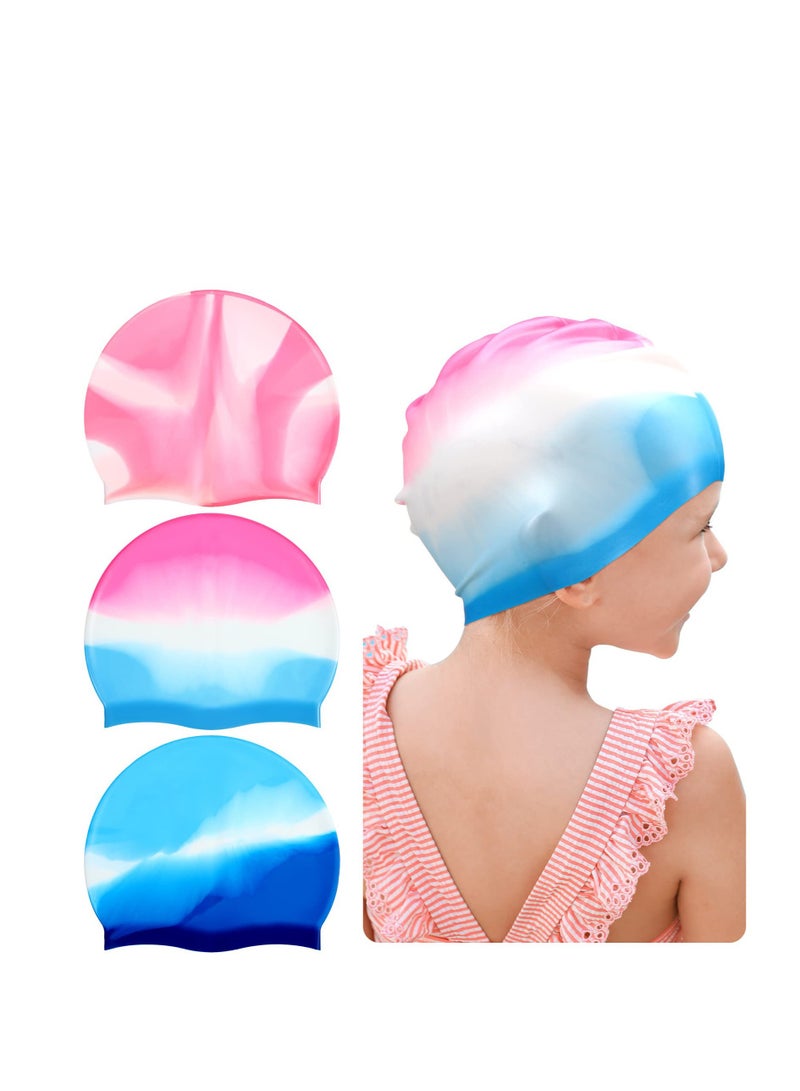 Kids Swim Cap for Boys Girls, Kids Swim Caps for Long Hair & Braids Silicone Swimming Cap, Large Waterproof Swim Hat, for Short/Long Hair to Keep Hair Dry (3 Pieces)