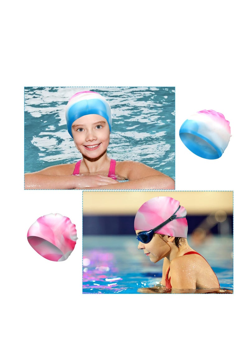 Kids Swim Cap for Boys Girls, Kids Swim Caps for Long Hair & Braids Silicone Swimming Cap, Large Waterproof Swim Hat, for Short/Long Hair to Keep Hair Dry (3 Pieces)