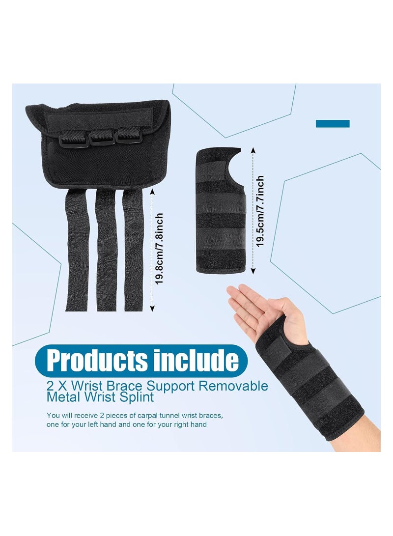 Carpal Tunnel Wrist Brace Support Removable Metal Wrist Splint, 2 Pieces Three Adjustable Compression Straps for Tendinitis, Sports Injuries, Pain Relief (Left and Right Hand)