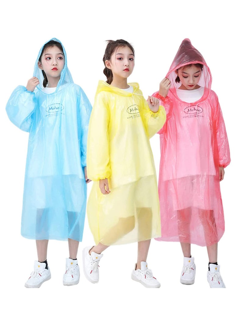 Disposable Rain Ponchos for Kids, 6 Pack Bulk Extra Thick Emergency Waterproof Raincoats with Hood Plastic Clear Travel Rain Gear for Concerts, Amusement Parks, Camping, Outdoor, Cycling, and Hiking.