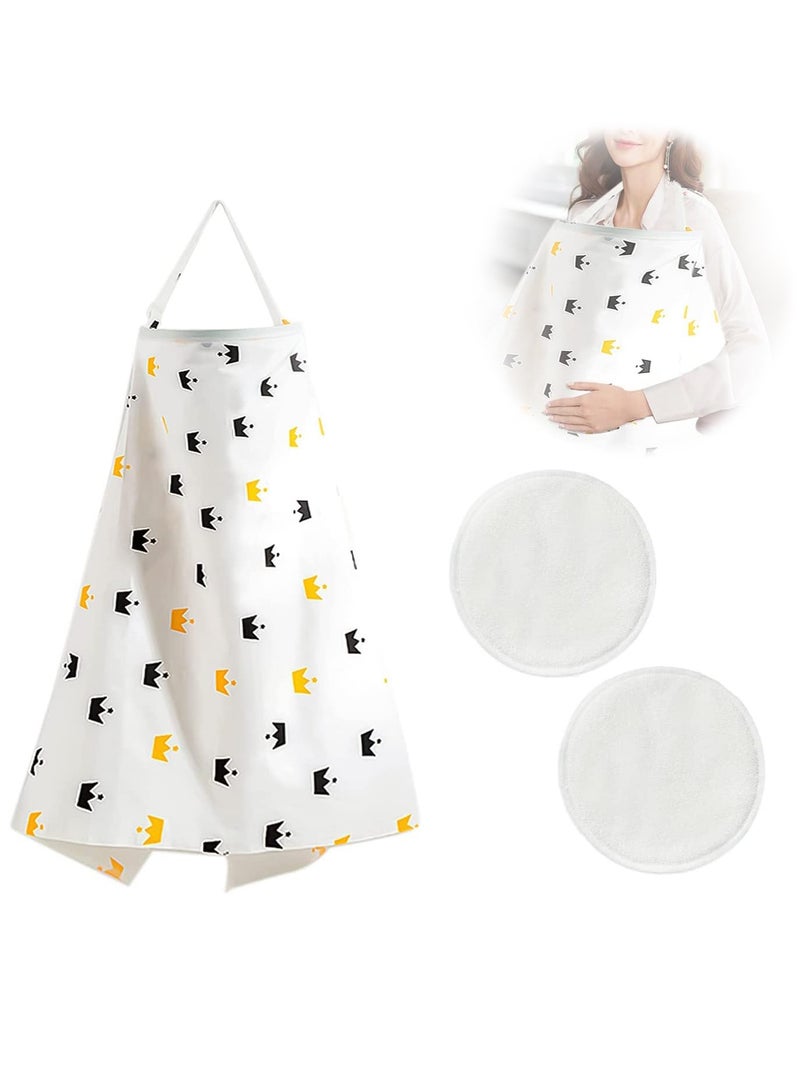 Baby Nursing Cover, 100% Cotton Breathable Apron with Adjustable Straps, Full Coverage Privacy Care 2 Pcs Washable Pads