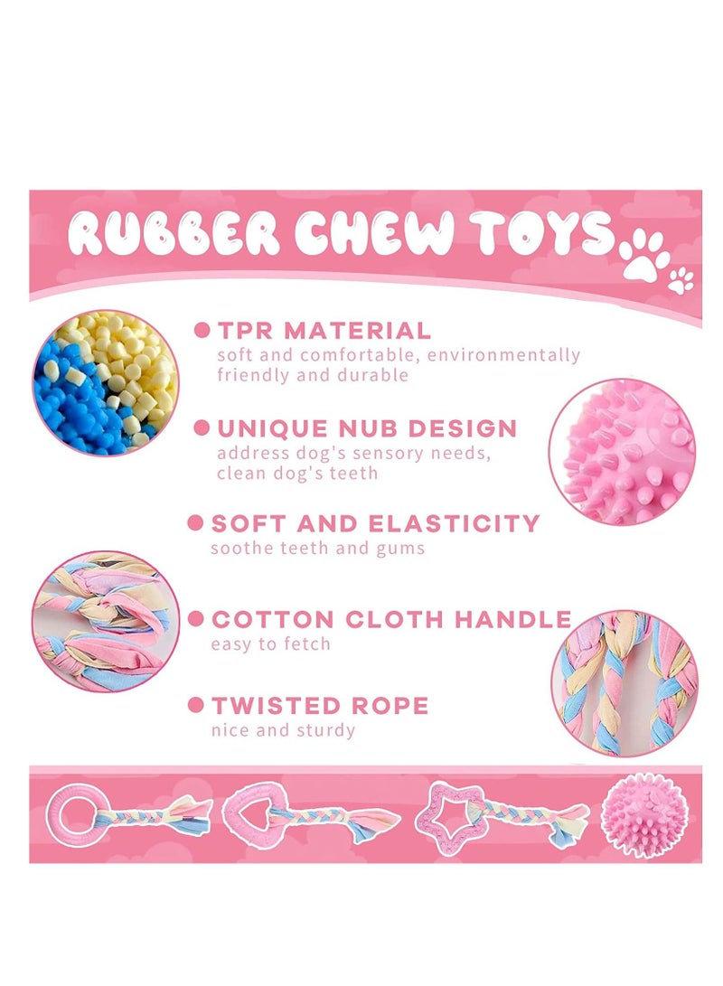 SYOSI Puppy Chew Toys Pink Puppy Teething Toys for Small Breed Dogs Cute Puppy Plush Squeaky Toys Soft Natural Rubber Puppy Teeth Cleaning Toys Girl Dog Toys Interactive Pet Toy Set 5 Pack