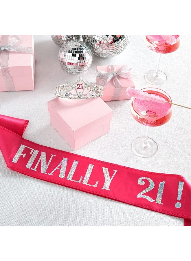 21St Birthday Sash And Crown Set For Her Finally 21 Hot Pink Reflective Sash Rhinestone Tiara