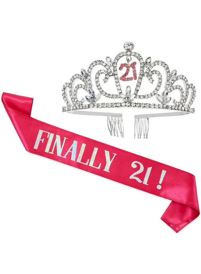 21St Birthday Sash And Crown Set For Her Finally 21 Hot Pink Reflective Sash Rhinestone Tiara