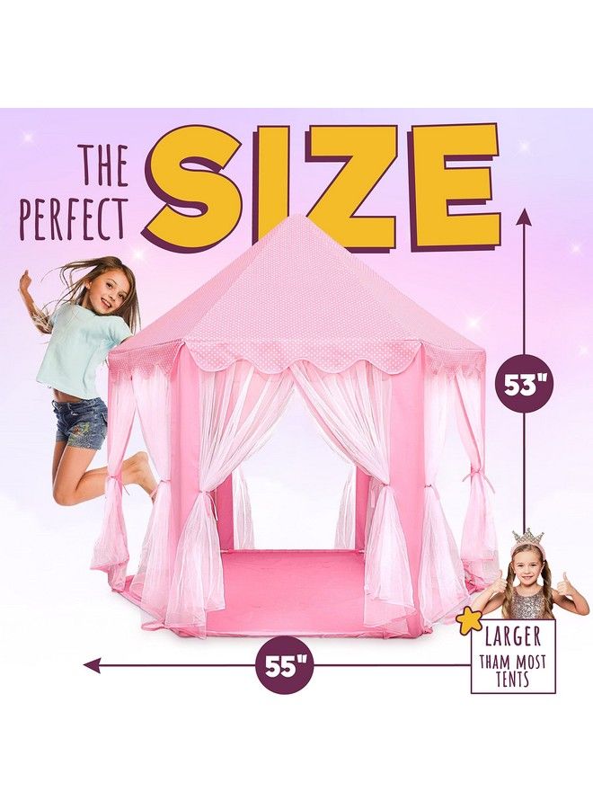 Princess Castle Playhouse Tent For Girls With Led Star Lights Indoor & Outdoor Large Kids Play Tent For Imaginative Games Astm Certified Princess Tent 230 Polyester Taffeta. Pink 55