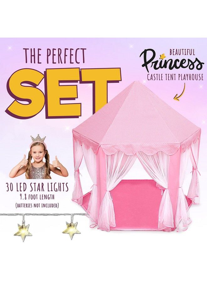 Princess Castle Playhouse Tent For Girls With Led Star Lights Indoor & Outdoor Large Kids Play Tent For Imaginative Games Astm Certified Princess Tent 230 Polyester Taffeta. Pink 55