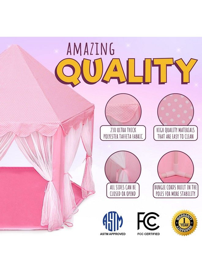 Princess Castle Playhouse Tent For Girls With Led Star Lights Indoor & Outdoor Large Kids Play Tent For Imaginative Games Astm Certified Princess Tent 230 Polyester Taffeta. Pink 55
