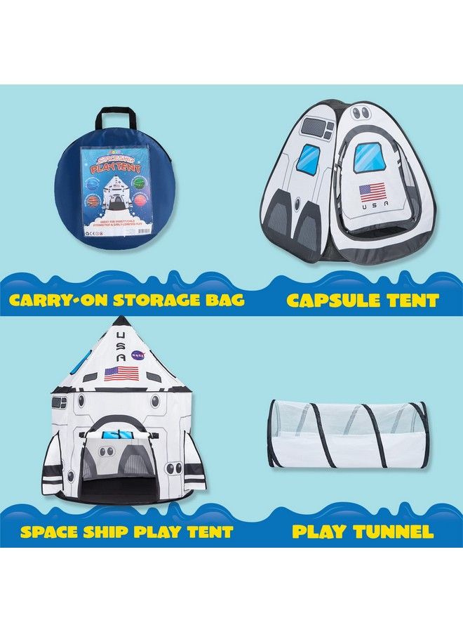 White Rocket Ship Pop Up Play Tent With Tunnel And Playhouse Kids Indoor Outdoor Spaceship Tent Set