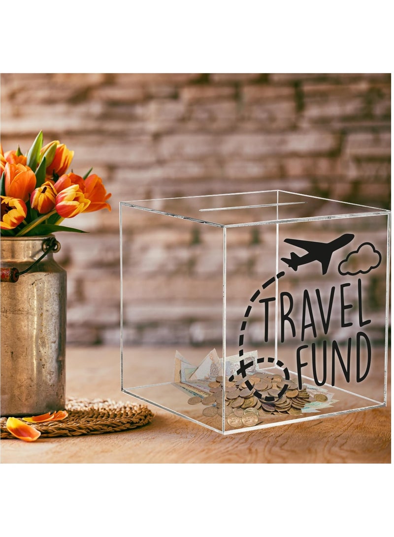 Clear Piggy Bank for Adults Kids, Acrylic Piggy Bank for Boys Girls to Saving Money Cash Coin, Must Break to Open (18 x 18 cm, Travel Fund)
