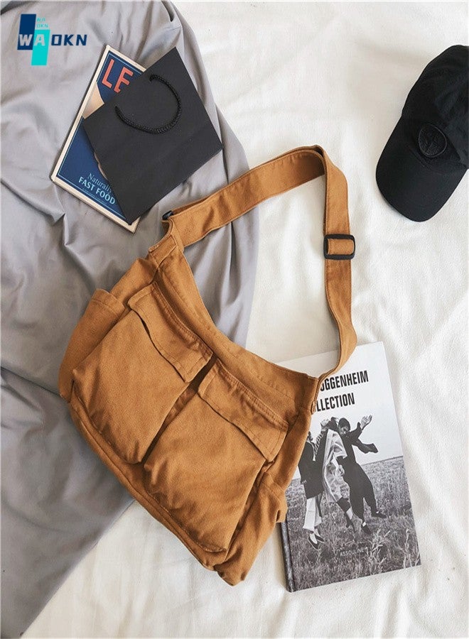 Unisex Retro Canvas Large-capacity Crossbody Bag for Students, Fashionable Workwear Style Shoulder Bag for Men and Women, 98% Cotton, Lint-free Ball Multi-pocket Tote Bag(Brown)