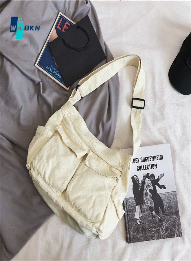 Unisex Retro Canvas Large-capacity Crossbody Bag for Students, Fashionable Workwear Style Shoulder Bag for Men and Women, 98% Cotton, Lint-free Ball Multi-pocket Tote Bag(White)