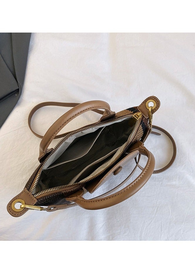 Skycare Mini Small Size Plaid Luxury Canvas and Leather Women's Top Handle Handbag Mini Fashion Contrast Color Travel Daily Satchel