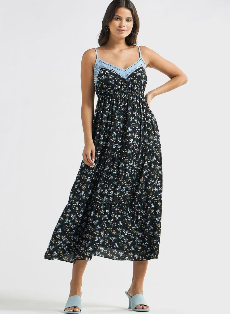 Print V-Neck Tiered Dress With Cap Sleeves