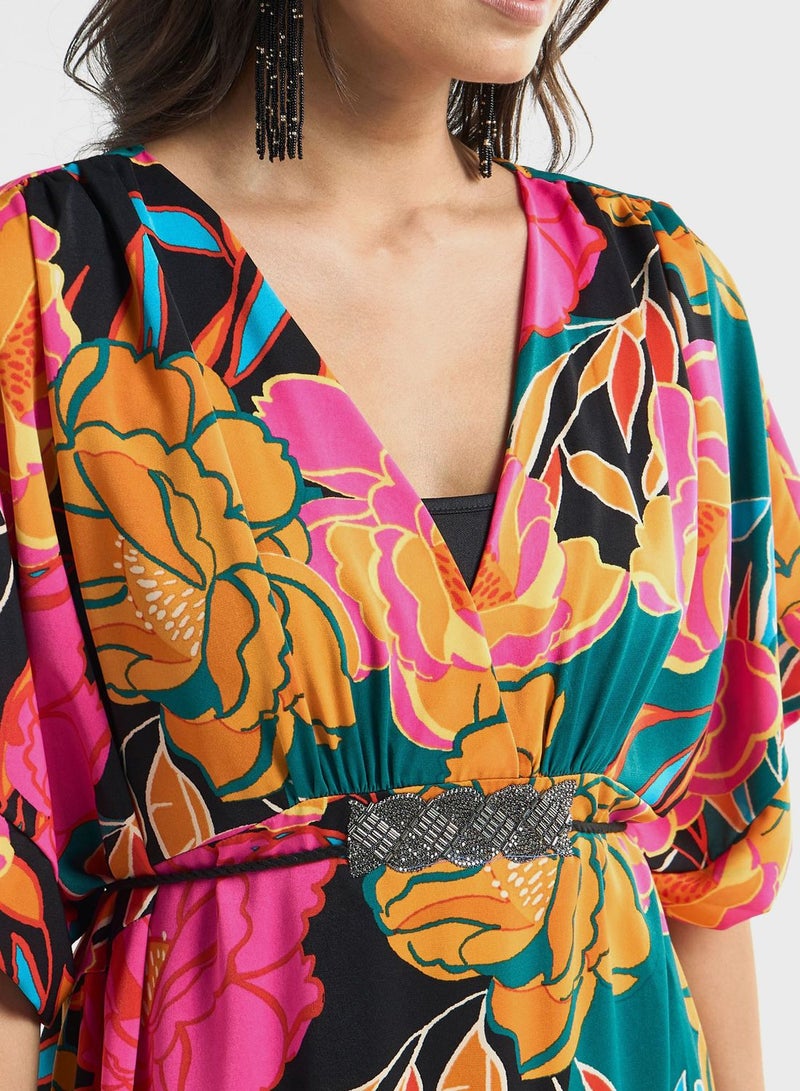 Floral Print V-Neck Dress With Tie-Up Belt