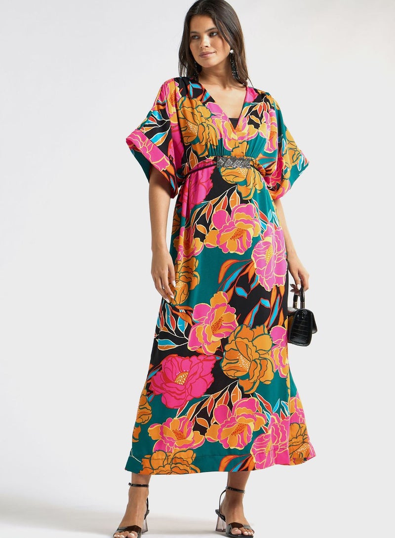 Floral Print V-Neck Dress With Tie-Up Belt