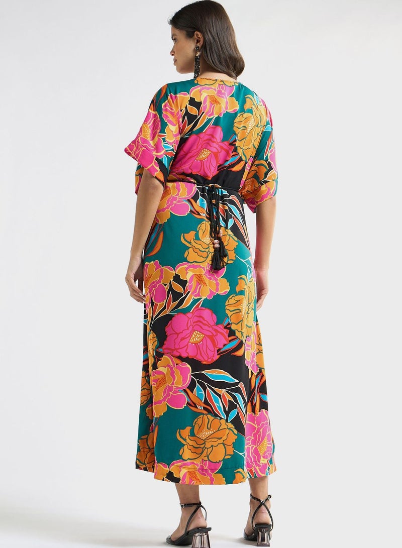 Floral Print V-Neck Dress With Tie-Up Belt