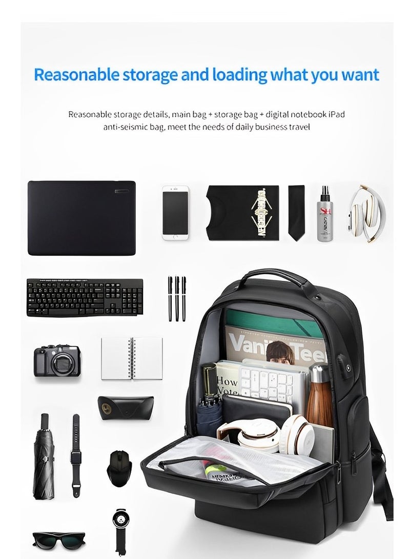 Skycare Large-Capacity Men's Laptop Backpack for Business Travel, with USB Charging Port -Waterproof and Multi-Functional