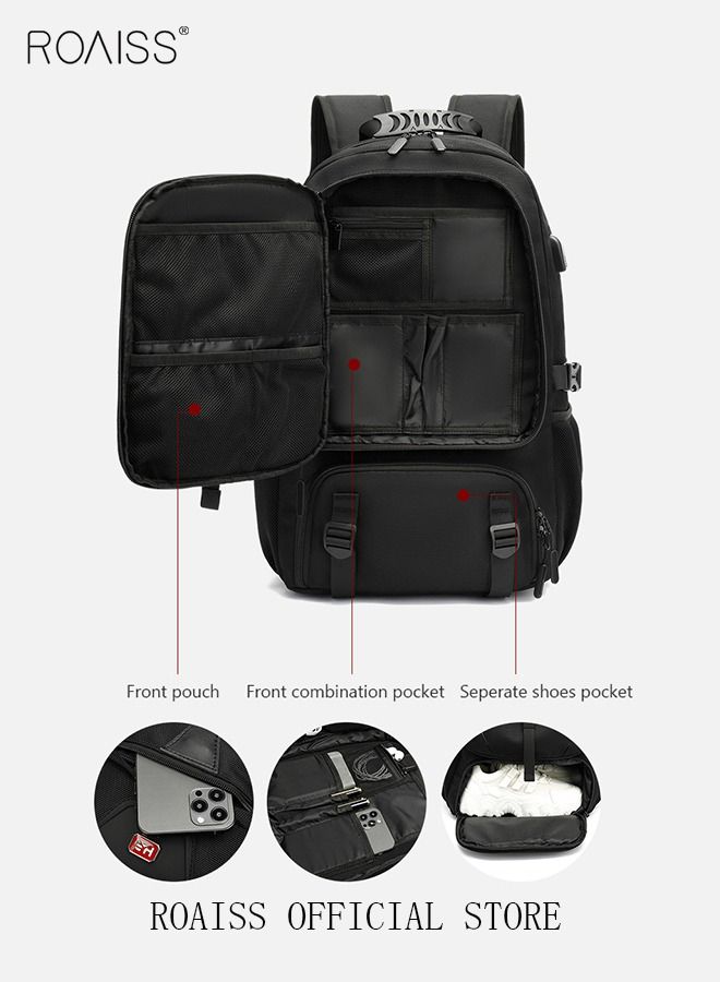 Unisex Independent Shoes Compartment Hiking Backpack 50L Large Capacity Expandable Luggage Bag with USB Port Wet and Dry Separation Shoe Compartmen for Sports Travel Outdoor Business Trip Work Black