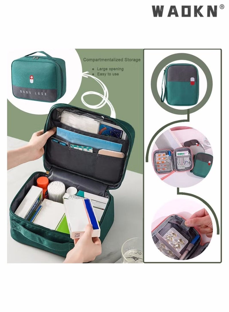 Empty First Aid Bags Travel Medical Supplies Cosmetic Organizer Insulated Medicine Bag Convenient Safety Kit Suit for Family Outdoors Hiking Camping Car Office Workplace Green (Mom Son Bag)