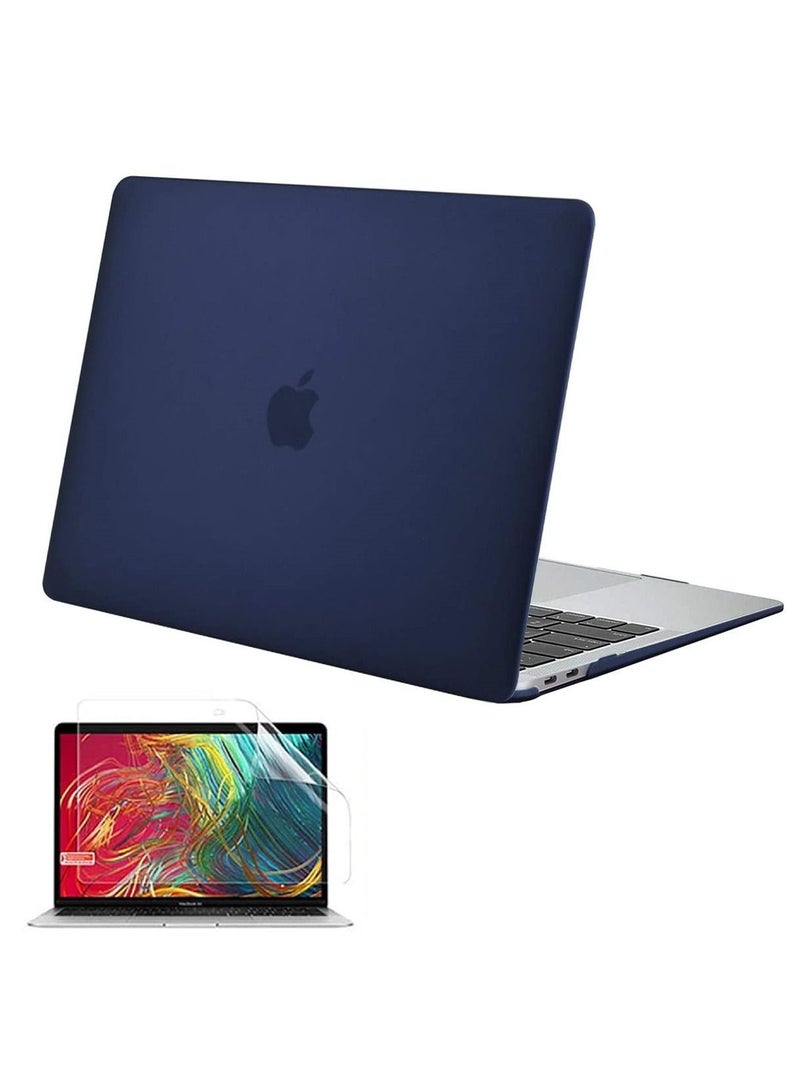 Plastic Hard Shell Case Cover with Screen Protector Compatible for MacBook New Air 13-Inch with Retina Display & Touch ID Model:- M1 A2337/A2179/A1932 Release in 2021/2020/2019/2018, Navy Blue