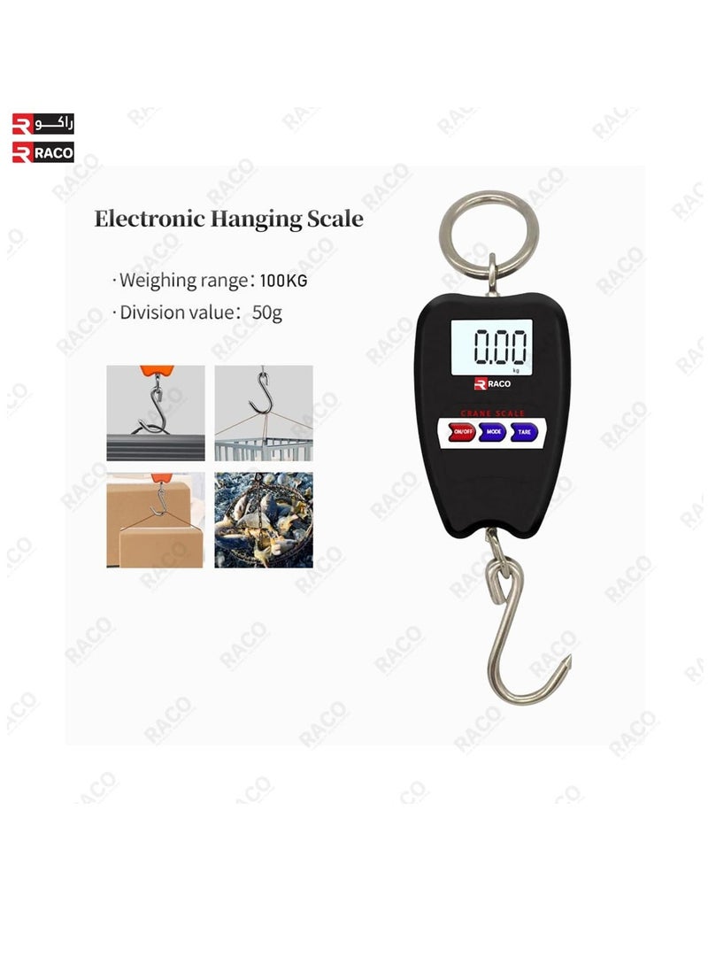 RACO Digital Mini Crane Scale 100kg/200lbs Weight Measurement with LED Display, Portable Handheld Design, Mini Hook, Ideal for Indoor and Outdoor Use.