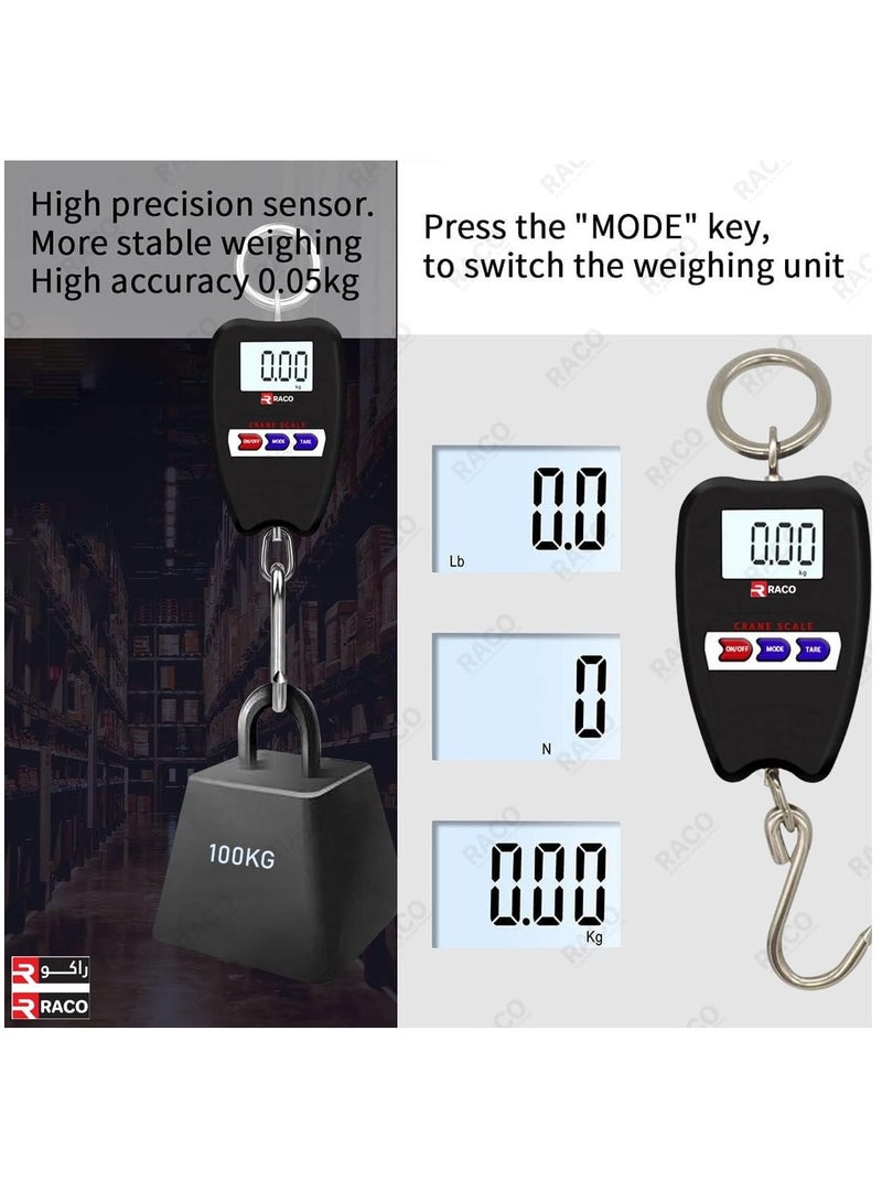 RACO Digital Mini Crane Scale 100kg/200lbs Weight Measurement with LED Display, Portable Handheld Design, Mini Hook, Ideal for Indoor and Outdoor Use.