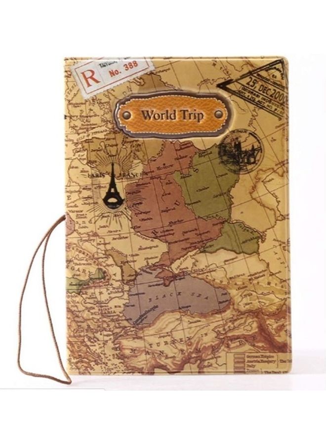 World Map Printed Passport Holder Brown