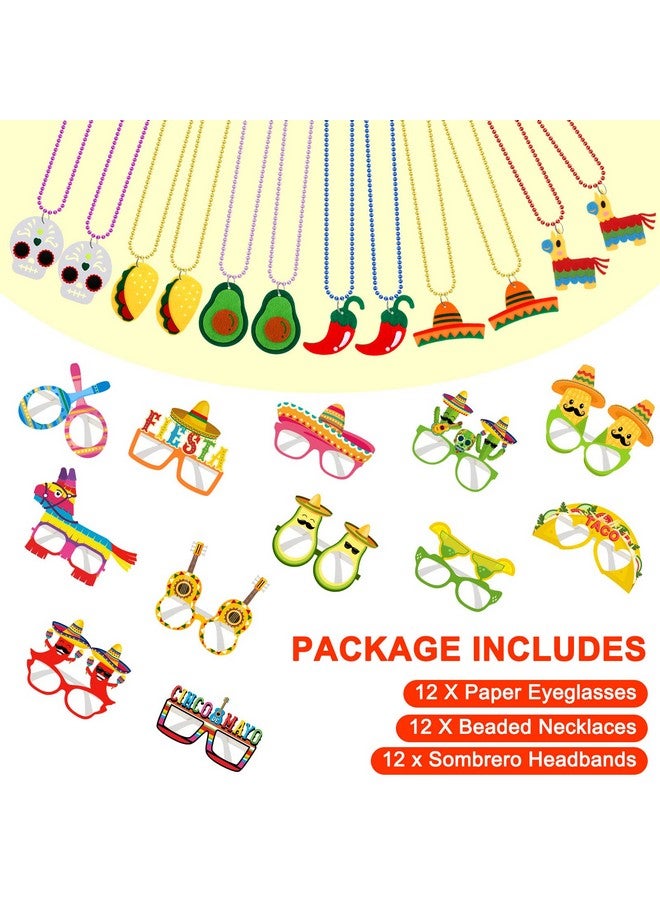 36 Pcs Fiesta Party Supplies Fabric Straw Sombrero Headbands Necklaces Eyeglasses For Mexican Themed Party Favors (Modern Style)